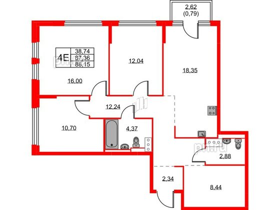 Квартира в ЖК Новое Колпино, 3 комнатная, 88.15 м², 3 этаж