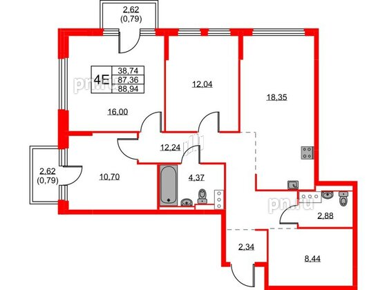 Квартира в ЖК Новое Колпино, 3 комнатная, 88.94 м², 4 этаж