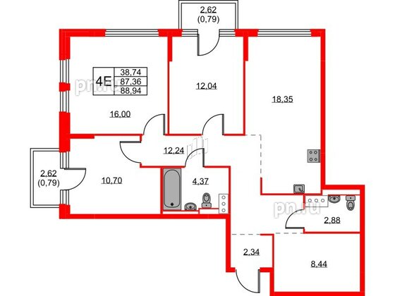 Квартира в ЖК Новое Колпино, 3 комнатная, 88.94 м², 6 этаж