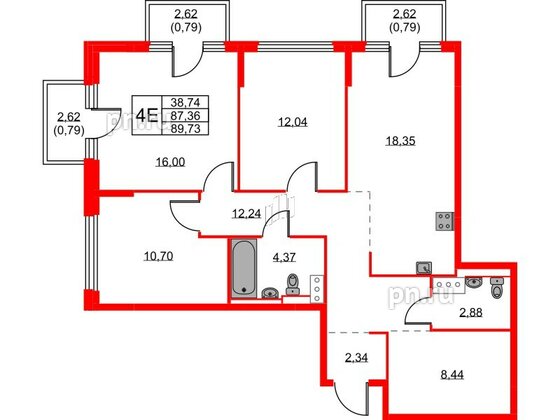 Квартира в ЖК Новое Колпино, 3 комнатная, 89.73 м², 8 этаж