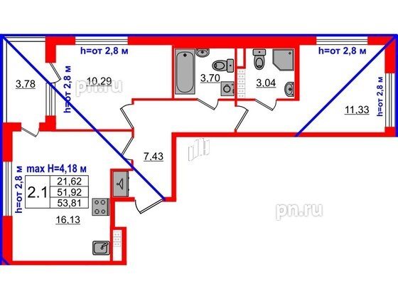 Квартира в ЖК «Дворцовый фасад», 2 комнатная, 51.92 м², 4 этаж