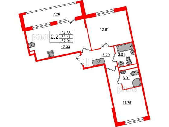 Квартира в ЖК 'Дворцовый фасад', 2 комнатная, 53.41 м², 1 этаж