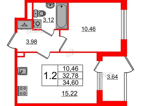 Квартира в ЖК 'Дворцовый фасад', 1 комнатная, 32.78 м², 1 этаж