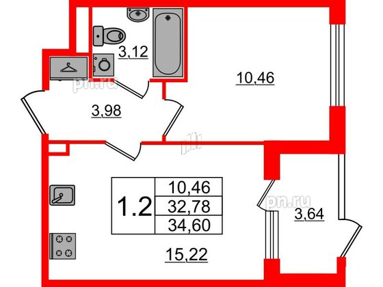 Квартира в ЖК 'Дворцовый фасад', 1 комнатная, 32.78 м², 1 этаж