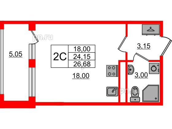 Квартира в ЖК 'Дворцовый фасад', студия, 24.15 м², 1 этаж