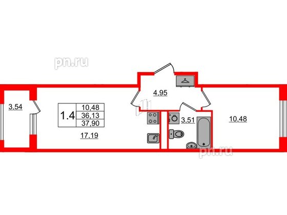 Квартира в ЖК 'Дворцовый фасад', 1 комнатная, 36.13 м², 1 этаж