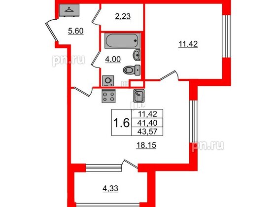 Квартира в ЖК «Дворцовый фасад», 1 комнатная, 41.4 м², 3 этаж