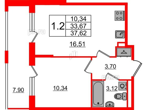 Квартира в ЖК 'Дворцовый фасад', 1 комнатная, 33.67 м², 1 этаж