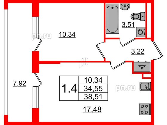 Квартира в ЖК «Дворцовый фасад», 1 комнатная, 34.55 м², 1 этаж