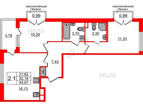 Квартира в ЖК «Дворцовый фасад», 2 комнатная, 52.18 м², 2 этаж