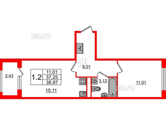 Квартира в ЖК «Дворцовый фасад», 1 комнатная, 37.25 м², 1 этаж