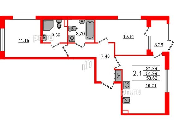 Квартира в ЖК «Дворцовый фасад», 2 комнатная, 51.99 м², 1 этаж