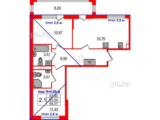 Квартира в ЖК 'Дворцовый фасад', 2 комнатная, 55.04 м², 4 этаж