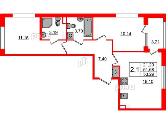 Квартира в ЖК «Дворцовый фасад», 2 комнатная, 51.68 м², 3 этаж