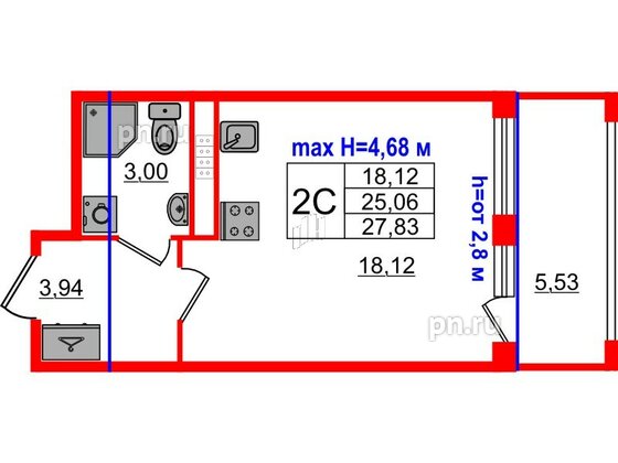 Квартира в ЖК 'Дворцовый фасад', студия, 25.06 м², 4 этаж