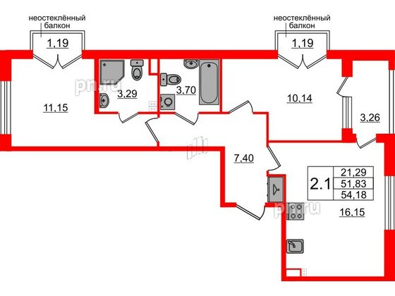 Квартира в ЖК «Дворцовый фасад», 2 комнатная, 51.83 м², 2 этаж