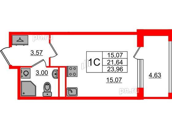 Квартира в ЖК «Дворцовый фасад», студия, 21.64 м², 2 этаж