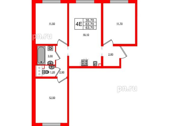 Квартира в ЖК «Цветной город», 3 комнатная, 63.7 м², 11 этаж