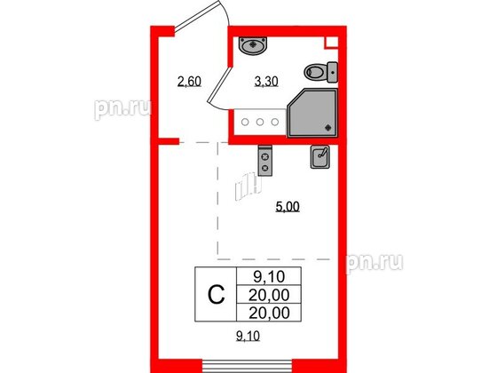 Квартира в ЖК 'Цветной город', студия, 20 м², 6 этаж