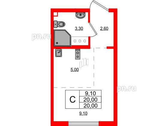 Квартира в ЖК 'Цветной город', студия, 20 м², 6 этаж