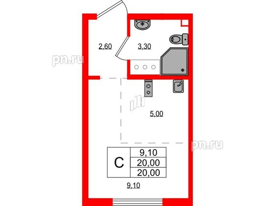 Квартира в ЖК 'Цветной город', студия, 20 м², 5 этаж