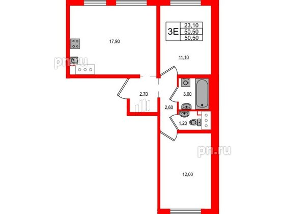 Квартира в ЖК 'Цветной город', 2 комнатная, 50.5 м², 5 этаж