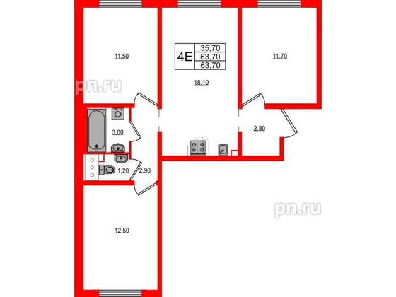 Квартира в ЖК 'Цветной город', 3 комнатная, 63.7 м², 5 этаж