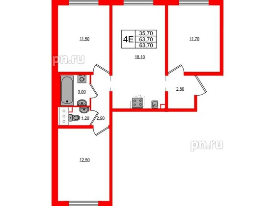 Квартира в ЖК 'Цветной город', 3 комнатная, 63.7 м², 6 этаж