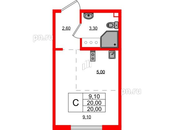 Квартира в ЖК 'Цветной город', студия, 20 м², 9 этаж