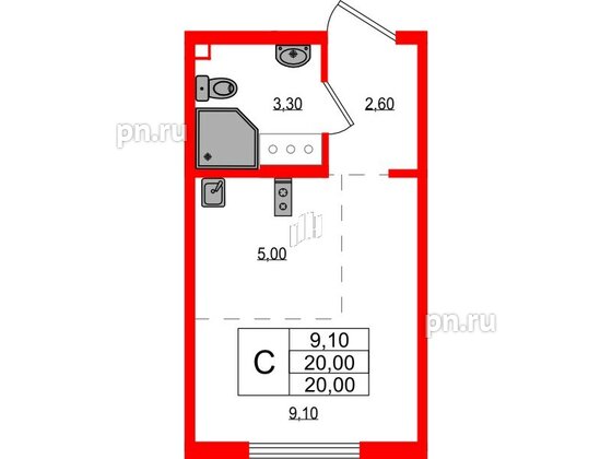 Квартира в ЖК 'Цветной город', студия, 20 м², 3 этаж