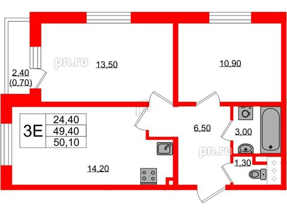 Квартира в ЖК Ржевский парк, 2 комнатная, 50.1 м², 3 этаж