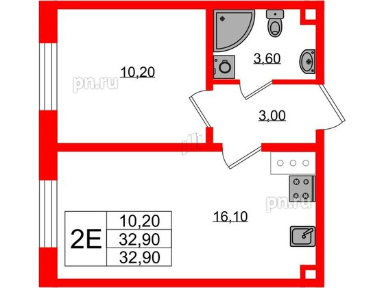 Квартира в ЖК Ржевский парк, 1 комнатная, 32.9 м², 2 этаж