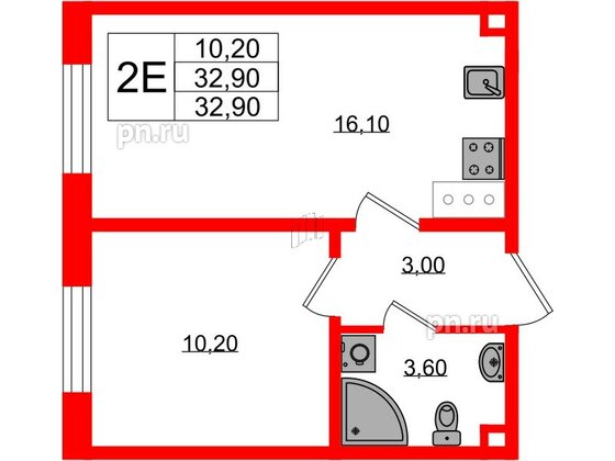 Квартира в ЖК Ржевский парк, 1 комнатная, 32.9 м², 4 этаж