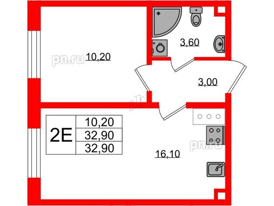 Квартира в ЖК Ржевский парк, 1 комнатная, 32.9 м², 2 этаж