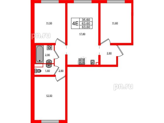 Квартира в ЖК 'Цветной город', 3 комнатная, 63.6 м², 2 этаж