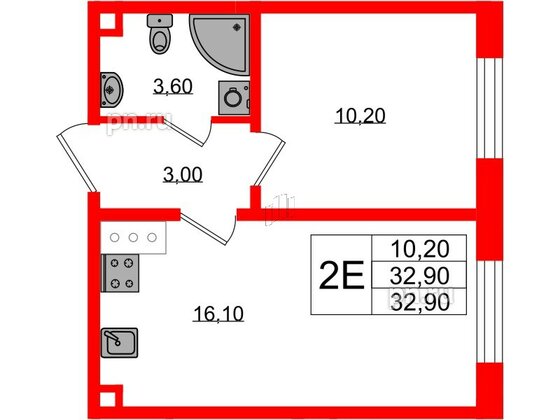 Квартира в ЖК Ржевский парк, 1 комнатная, 32.9 м², 3 этаж