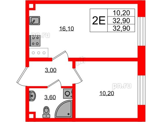 Квартира в ЖК Ржевский парк, 1 комнатная, 32.9 м², 3 этаж