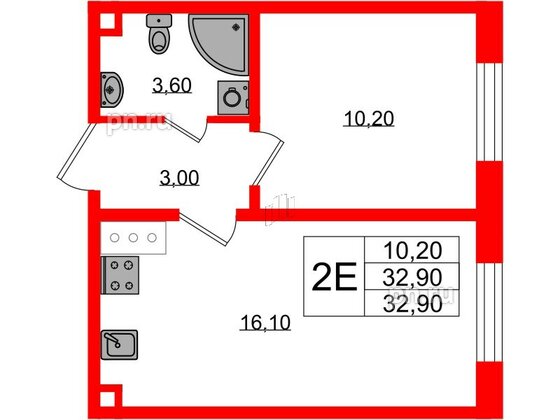 Квартира в ЖК Ржевский парк, 1 комнатная, 32.9 м², 3 этаж