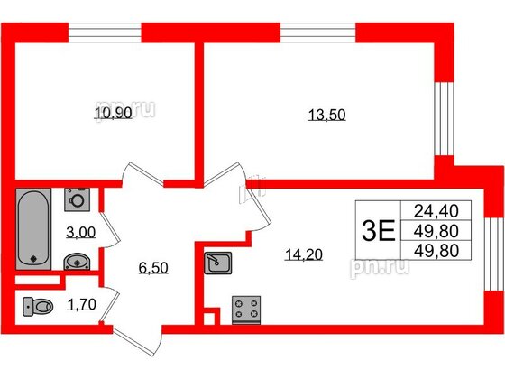 Квартира в ЖК Ржевский парк, 2 комнатная, 49.8 м², 1 этаж