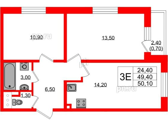 Квартира в ЖК Ржевский парк, 2 комнатная, 50.1 м², 3 этаж