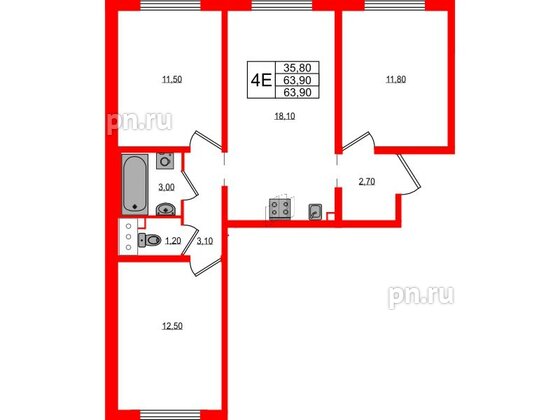 Квартира в ЖК 'Цветной город', 3 комнатная, 63.9 м², 3 этаж