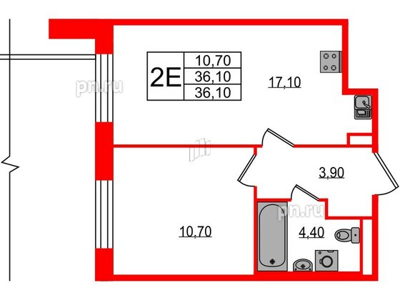 Квартира в ЖК Большая Охта, 1 комнатная, 36.1 м², 2 этаж