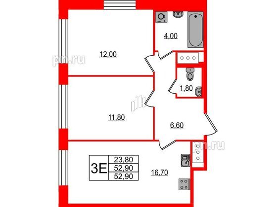 Квартира в ЖК Большая Охта, 2 комнатная, 52.9 м², 3 этаж