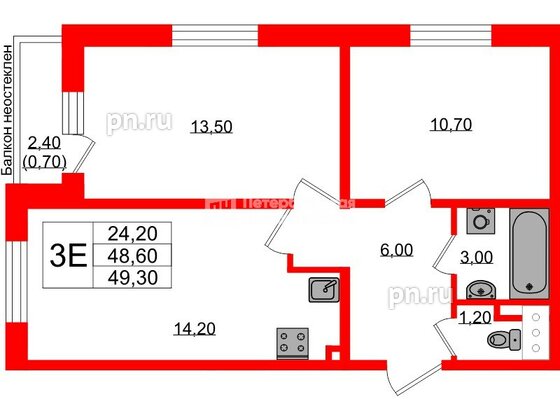 Квартира в ЖК Ржевский парк, 2 комнатная, 49.3 м², 9 этаж