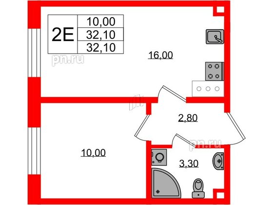 Квартира в ЖК Ржевский парк, 1 комнатная, 32.1 м², 3 этаж