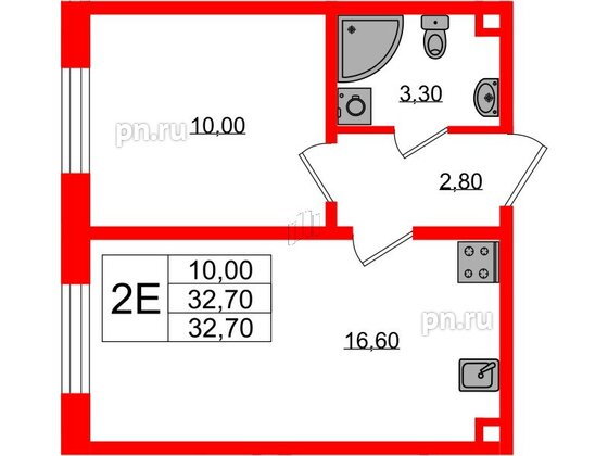 Квартира в ЖК Ржевский парк, 1 комнатная, 32.7 м², 2 этаж