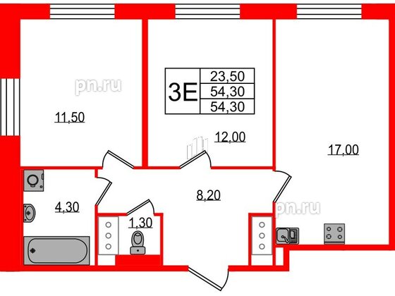 Квартира в ЖК Большая Охта, 2 комнатная, 54.3 м², 9 этаж