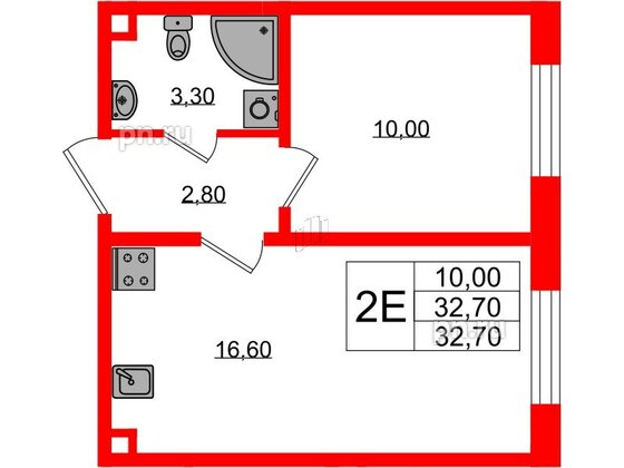 Квартира в ЖК Ржевский парк, 1 комнатная, 32.7 м², 2 этаж