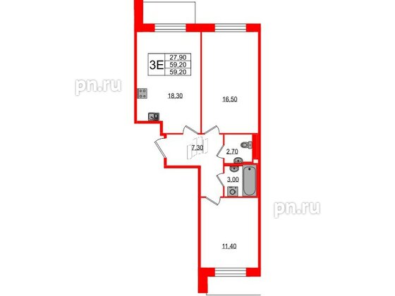 Квартира в ЖК Большая Охта, 2 комнатная, 59.2 м², 2 этаж