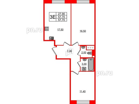 Квартира в ЖК Большая Охта, 2 комнатная, 57.7 м², 3 этаж